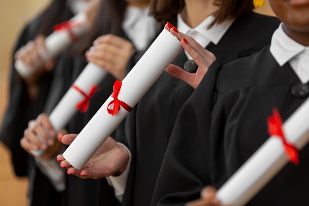 Close up  people graduating with diplomas