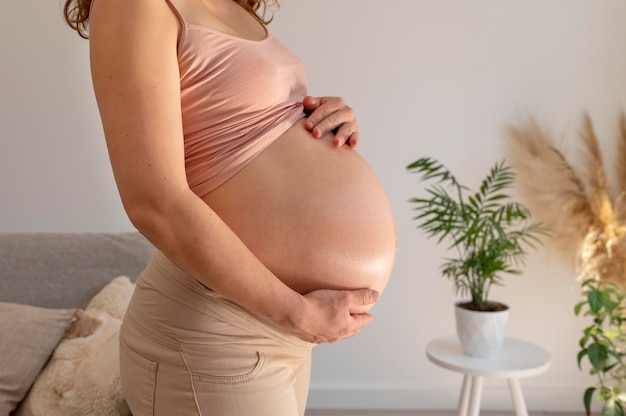 Free photo close up pregnant woman holding belly