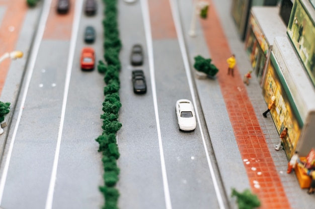 Close up of small cars model on the road, traffic conception.