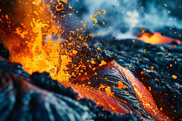 Close-up view of volcano erupting with hot lava