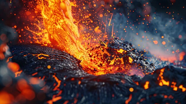 Close-up view of volcano erupting with hot lava