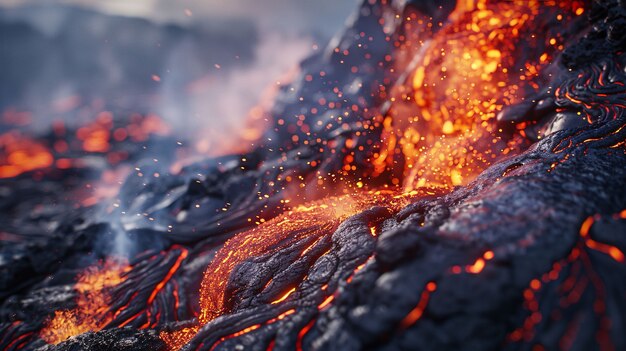 Close-up view of volcano erupting with hot lava