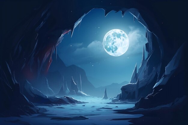 Cold blue wasteland landscape and moon visible from cave generative ai