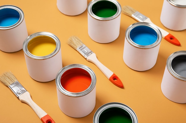 Free Photo colorful paint cans arrangement  high angle