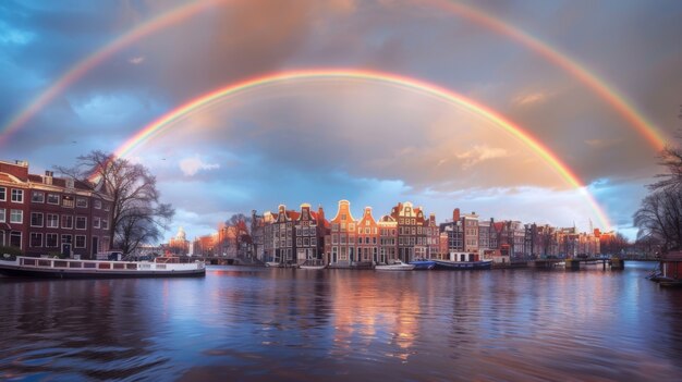 Colorful rainbow appearing on the sky over nature landscape