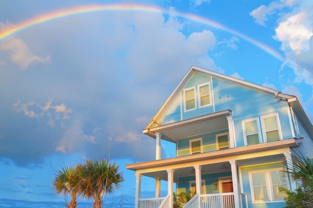 Free photo colorful rainbow appearing on the sky over nature landscape