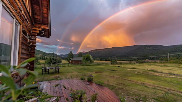 Colorful rainbow appearing on the sky over nature landscape