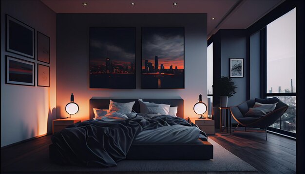 Comfortable modern bedroom with elegant decoration and lighting generative AI