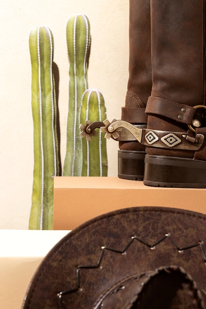 Free photo cowboy inspiration with boots and cactus