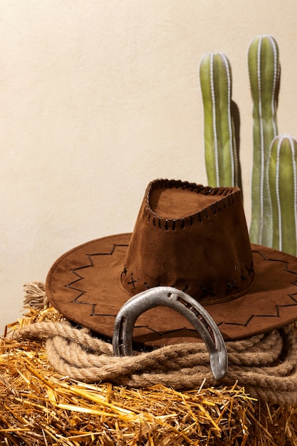 Free photo cowboy inspiration with hat and cactus