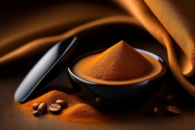 Free photo a cup of orange turmeric powder sits next to a coffee beans.