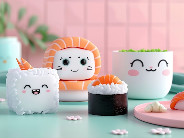 Free photo cute 3d sushi with face