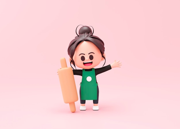 Free Photo cute chef baker or barista standing with rolling pin logo restaurant cook mascot on pink background 3d rendering