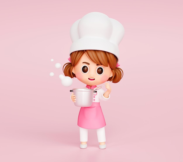 Free Photo cute chef girl in uniform holding pot and spoon restaurant mascot character logo on pink background 3d illustration cartoon