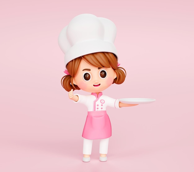 Free Photo cute chef girl in uniform showing thumbs up sign and holding empty plate restaurant mascot character logo on pink background 3d illustration cartoon