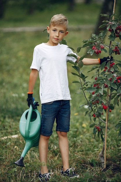 Free photo cute little boy planting a tree on a park