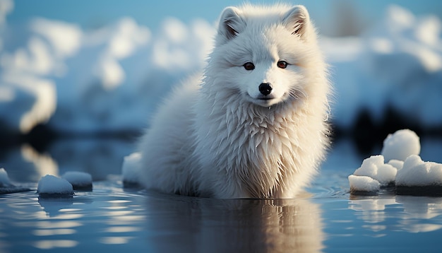 Free photo cute samoyed puppy playing in the snowy winter outdoors generated by ai