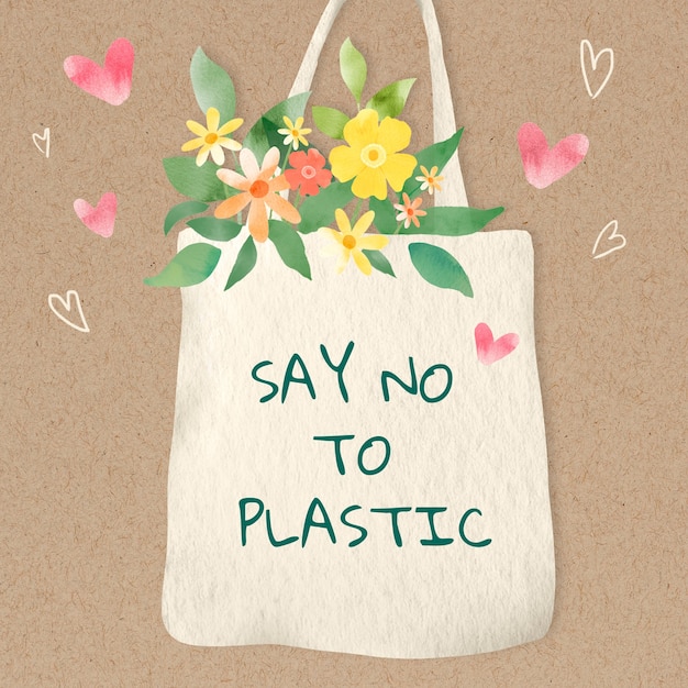 Free photo cute tote bag with say no to plastic text watercolor