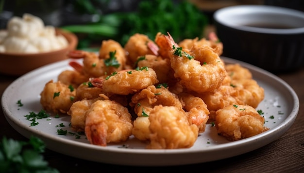 Free photo deep fried prawns on skewers with savory sauce generated by ai