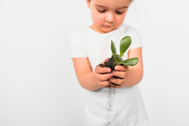 Free photo defocused girl holding plant in his hand isolated on white backdrop