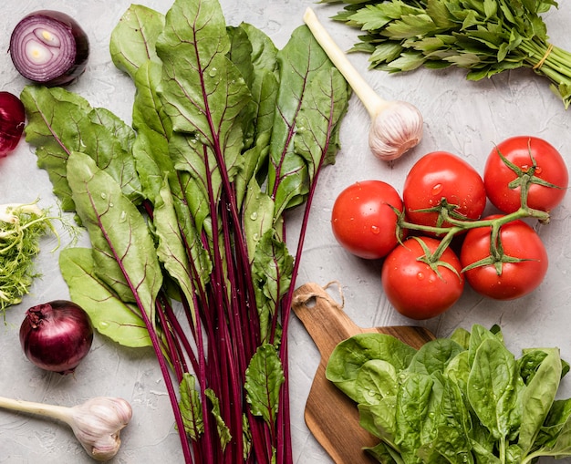 Delicious ingredients for healthy salad top view