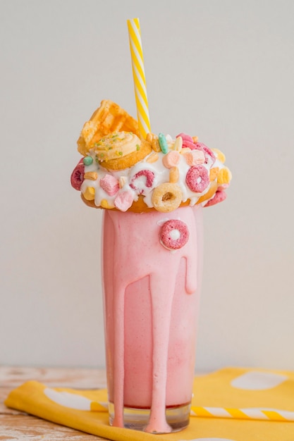 Delicious pink milkshake with doughnut