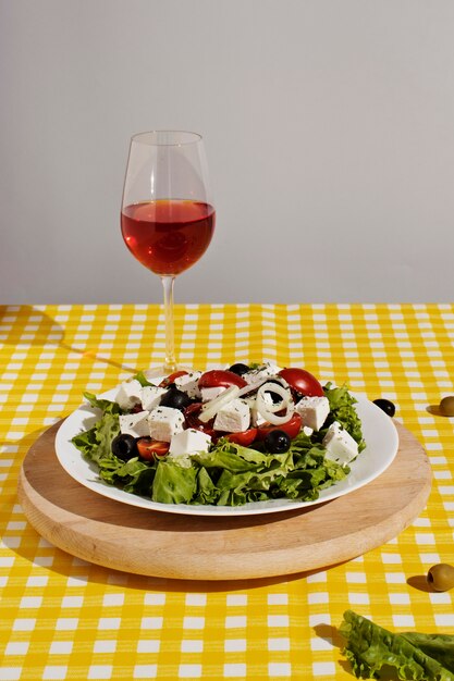 Delicious salad and wine glass