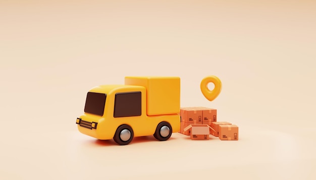 Free photo delivery truck with cardboard and location pin tracking free shipping fast delivery car deliver express delivery transportation logistics concept background 3d rendering illustration