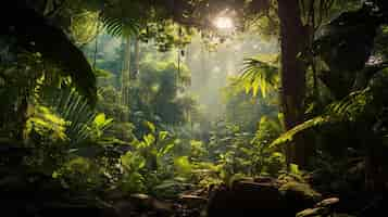 Free photo a dense jungle canopy with vibrant and varied flora hiding mysterious creatures within its shadows