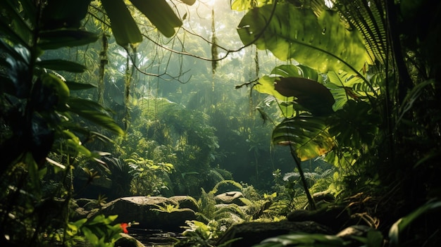 Free photo a dense jungle canopy with vibrant and varied flora hiding mysterious creatures within its shadows