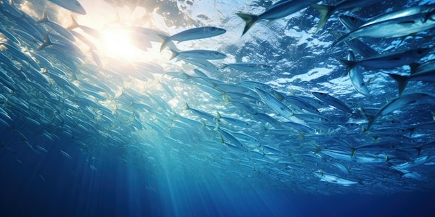 Free photo a dense school of barracuda fish forms an underwater silver wall