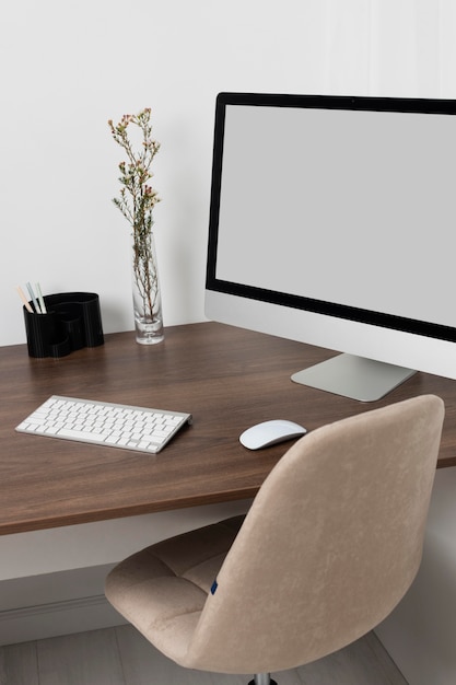 Free Photo desk arrangement with monitor high angle