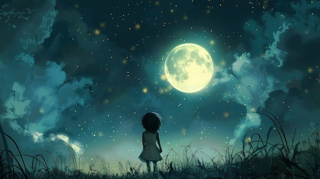 Free photo digital art character looking at the moon