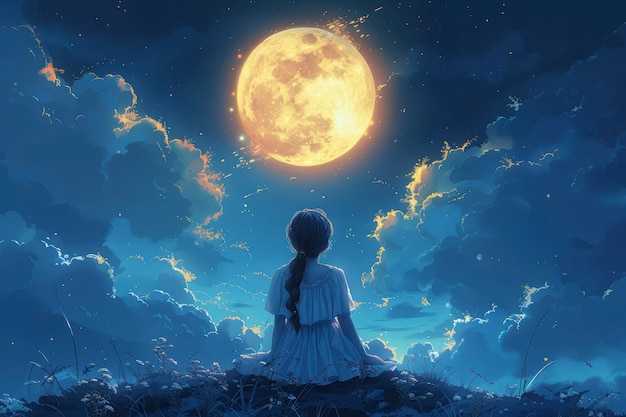 Free photo digital art character looking at the moon