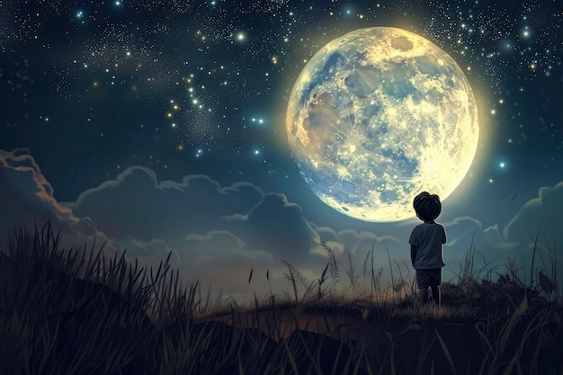 Free photo digital art character looking at the moon