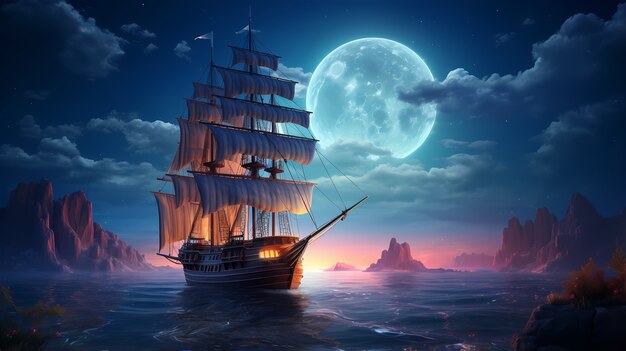 Digital art moon and boat