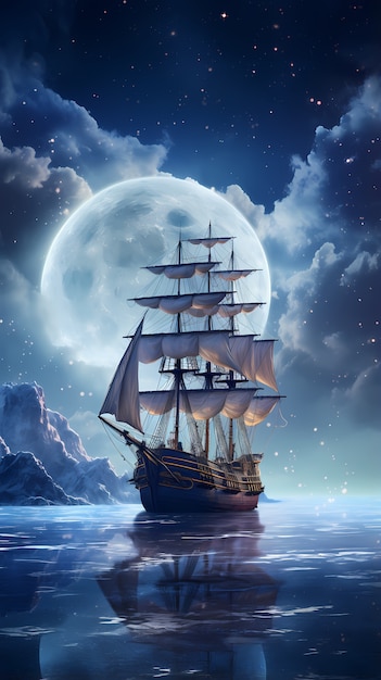 Digital art moon and boat