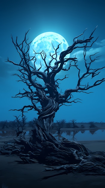 Digital art moon and tree wallpaper