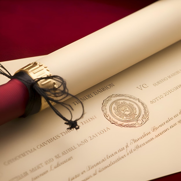 Free Photo diploma scroll with wax seal on a red background close up