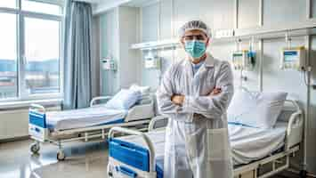 Free photo doctor in white coat wearing a face mask standing in a hospital room with two hospital beds