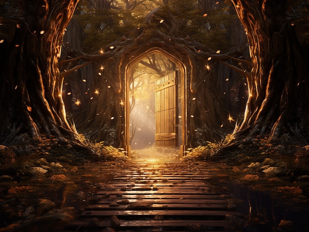 Free photo door stretching into fantasy world