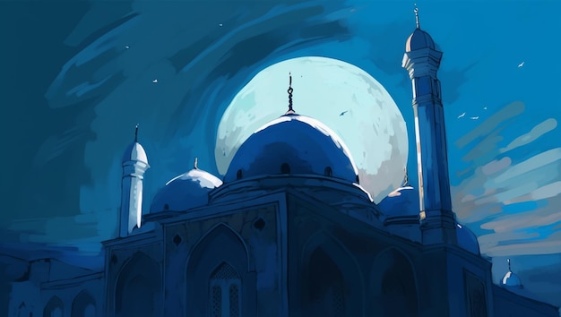 Free photo a drawing of a mosque with a full moon in the background.