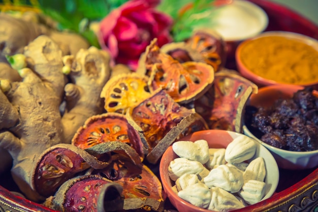 Free photo dried food in a clay bowl close up