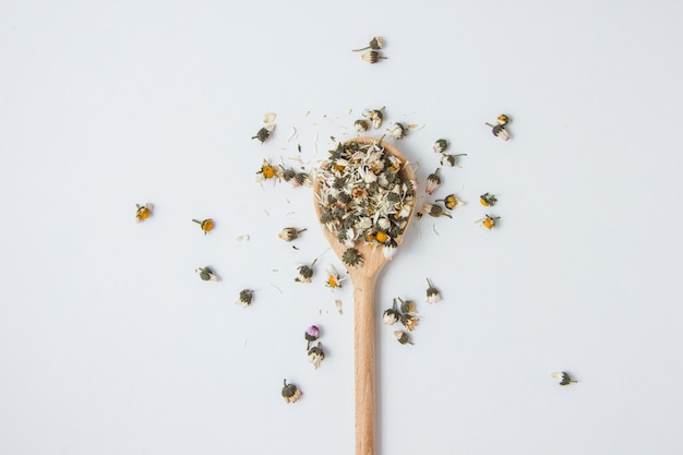 Free photo dry chamomile in a spoon, top view