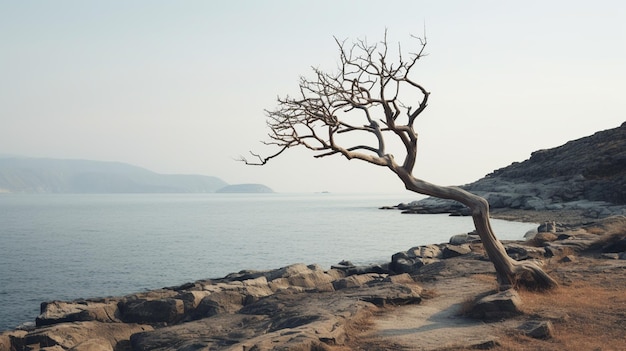 Free photo a dry tree on the shore of a sea