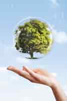 Free photo earth day campaign hand showing tree in a bubble media mix