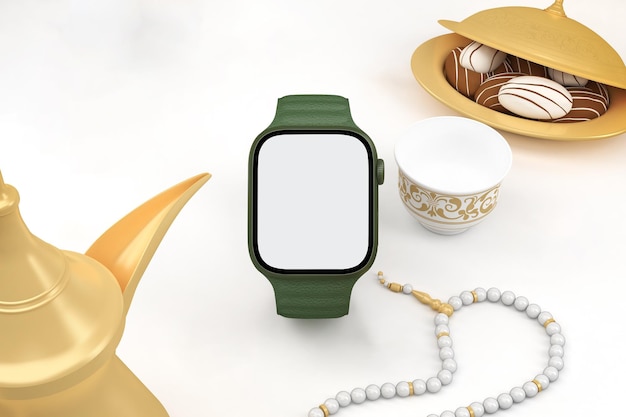 Free photo eid smart watch with chocolate front side in white background