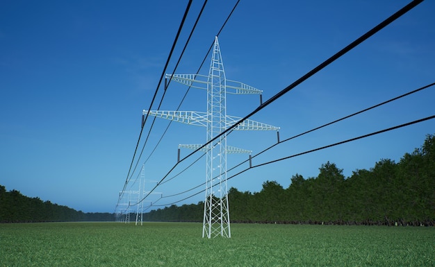 Free Photo electric grid delivering high voltage electricity using wires over blue sky. energy flowing through industrial equipment cables hanging on power pylon, 3d render animation