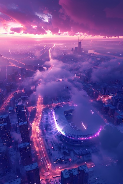 Free photo empty soccer stadium with dreamy fantasy view of sky