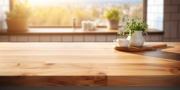 Free photo empty wooden countertop offers a pristine stage for culinary creation bathed in natural light